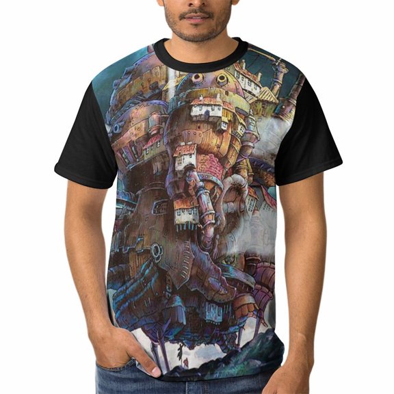 Howl's Moving Castle Mens T-Shirt Short-Sleeved Shirts Round Neck Summer Tees Blouse for Outdoor S