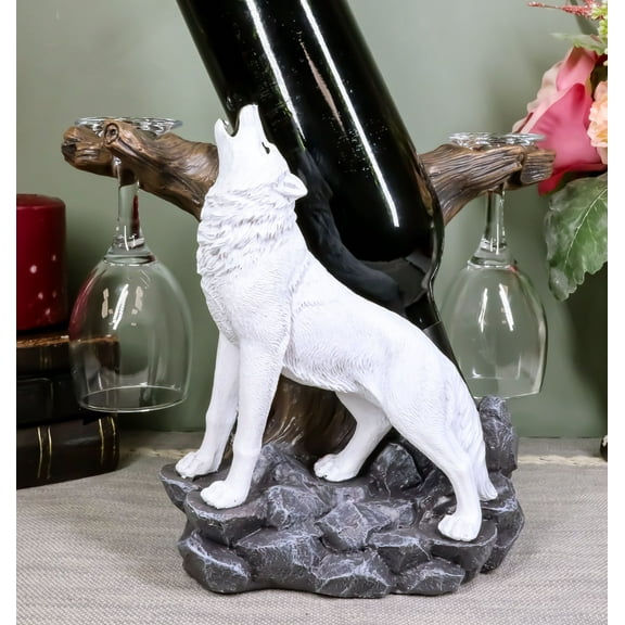Howling Arctic White Snow Wolf Wine Valet Statue As Bottle And 2 Glasses Holder