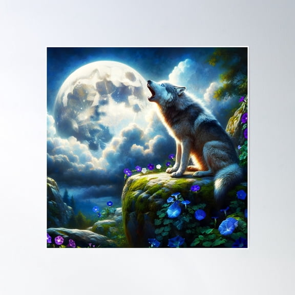 Howling Wild Wolf – A Moonlit Fantasy Poster Wall Art, Modern Wall Decor, 16x16 UNFRAMED