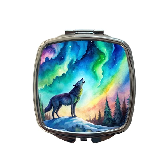 Howling Wolf And Northern Lights Watercolor Travel Makeup Handbag Purse Small Pocket Compact Mirror