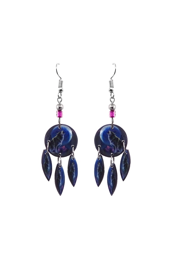 Howling Wolf Animal Graphic Round Long Dangle Earrings - Womens Fashion Handmade Jewelry Southwest Accessories