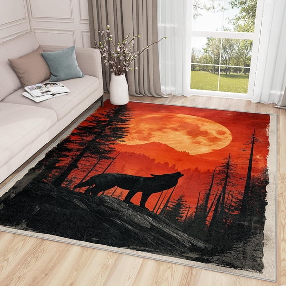 Howling Wolf Area Rugs, Full Moon Forest Wildlife Carpet, Washable Non Slip Low Pile Soft Rug for Living Room Bedroom Decor Mat 2ftx3ft