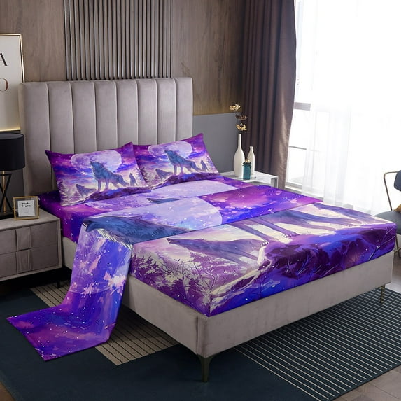 Howling Wolf Bed Sheets Set Winter Wolves On The Snow Mountain Sheets, Wild Animal Printed Sheet Set for Teens Adults Men Galaxy Moon Starry Sky Flat Fitted Sheet Twin 3Pcs (Purple)