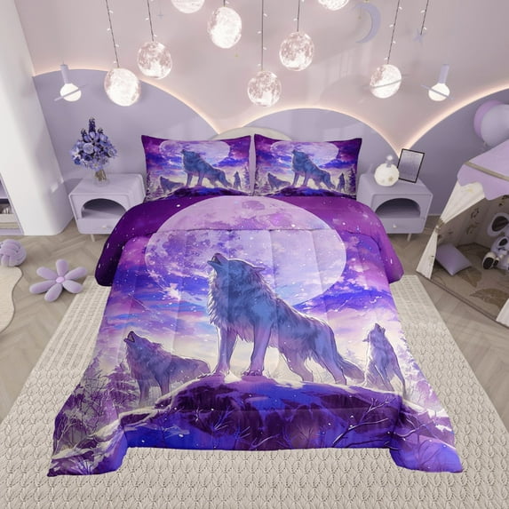 Howling Wolf Bedding Comforter Sets Winter Wolves On The Snow Mountain Bedding, Wild Animal Printed Comforter Set for Teens Adults Men Galaxy Moon Starry Sky Duvet Insert Queen 3Pcs (Purple)