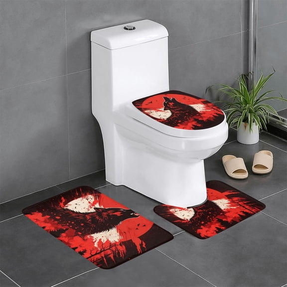 Howling Wolf Blood Red Moon Cool 3-Piece Bathroom Rug Set Non-Slip Flannel Bath Mat 24"x16" U-Shaped Contour Mat Toilet Lid Cover
