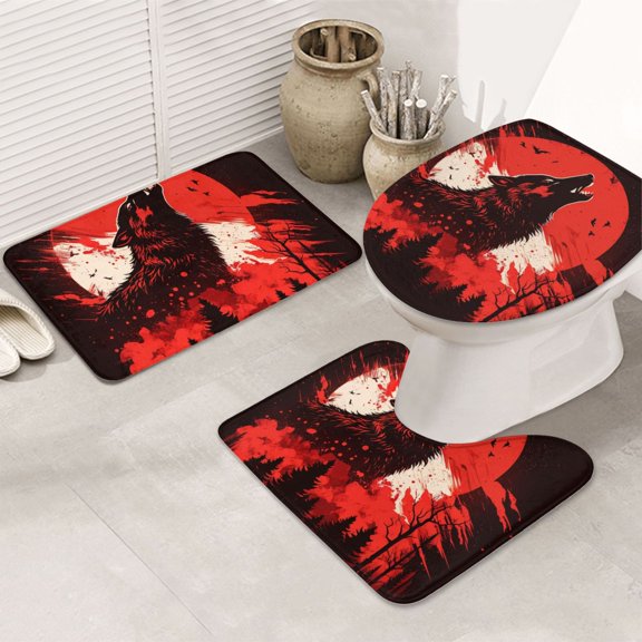 Howling Wolf Blood Red Moon Cool 3-Piece Bathroom Rug Sets - Non-Slip Bath Mat 31.5"x19.7" with U-Shaped Contour Mat Toilet Lid Cover