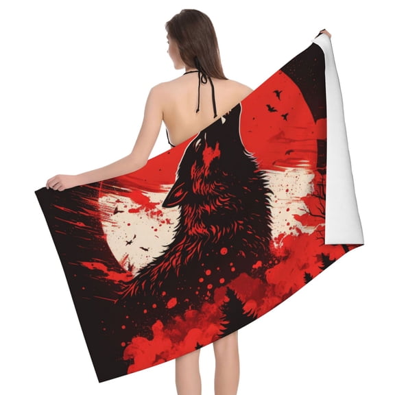 Howling Wolf Blood Red Moon Cool Beach Bath Towel Gym Spa Shower Towels Pool Soft 32" X 52" for Men Women