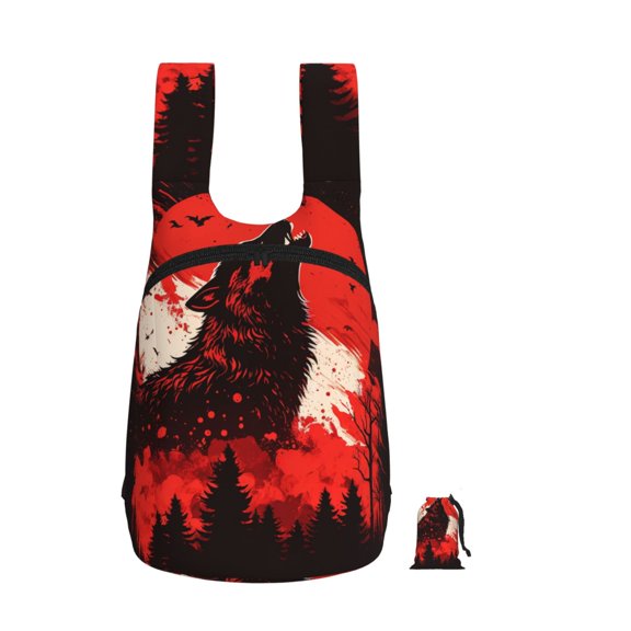 Howling Wolf Blood Red Moon Cool Foldable Storage Backpack Lightweight Packable Travel Daypack for Shopping Commuting Hiking