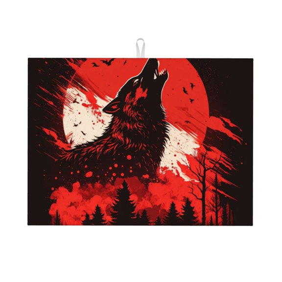Howling Wolf Blood Red Moon Cool Large Kitchen Drying Mat 18x24 Inch Ultra Absorbent Dish Drying Mats Foldable Countertop Protector