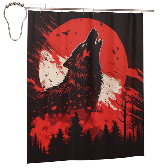 Howling Wolf Blood Red Moon Cool Shower Curtain Set with Hooks Iron Waterproof Bath Curtains 60X72 Inches for Bathroom Decor