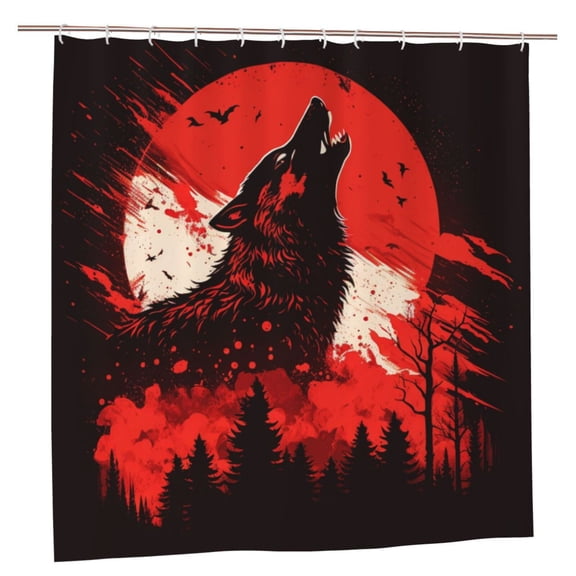Howling Wolf Blood Red Moon Cool Shower Curtain with 12 Plastic Hooks Washable Polyester Fabric Bathroom 72x72 Inch