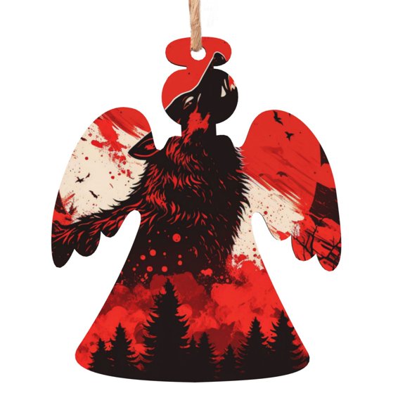 Howling Wolf Blood Red Moon Cool Wooden Christmas Ornament Angel Shape,Xmas Tree Hanging Decoration 6 PCS