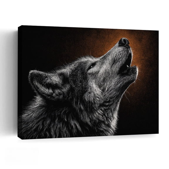 "Howling Wolf" Canvas Wall Art, Monochrome Wildlife Scratchboard Art, Bold Modern Animal Decor for Man Cave, Office & Modern Home