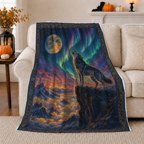 Howling Wolf on Cliff beneath Aurora Moon, Dramatic Fantasy Style for Wolf Lovers, Northern Night Motif and Father's Day Gift, Warm Flannel Blanket for Cabin and Lodge, Home Decor