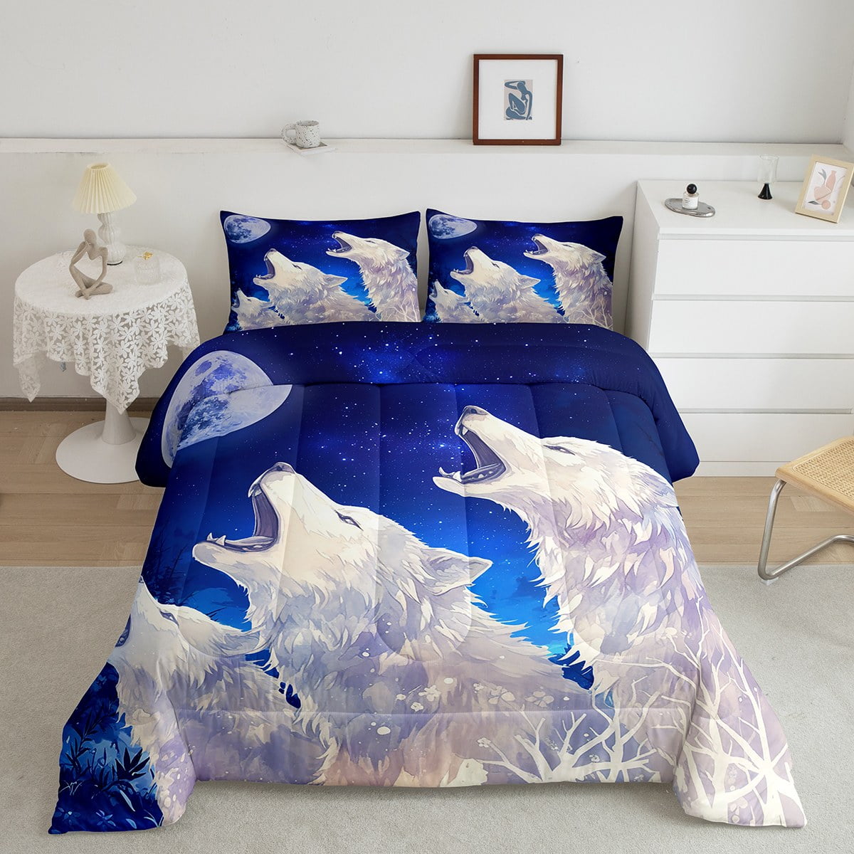 Howling Wolf Comforter Set for Kids Boys Teens, Galaxy Moon Twin Bed Comforter Set for Teen Boys