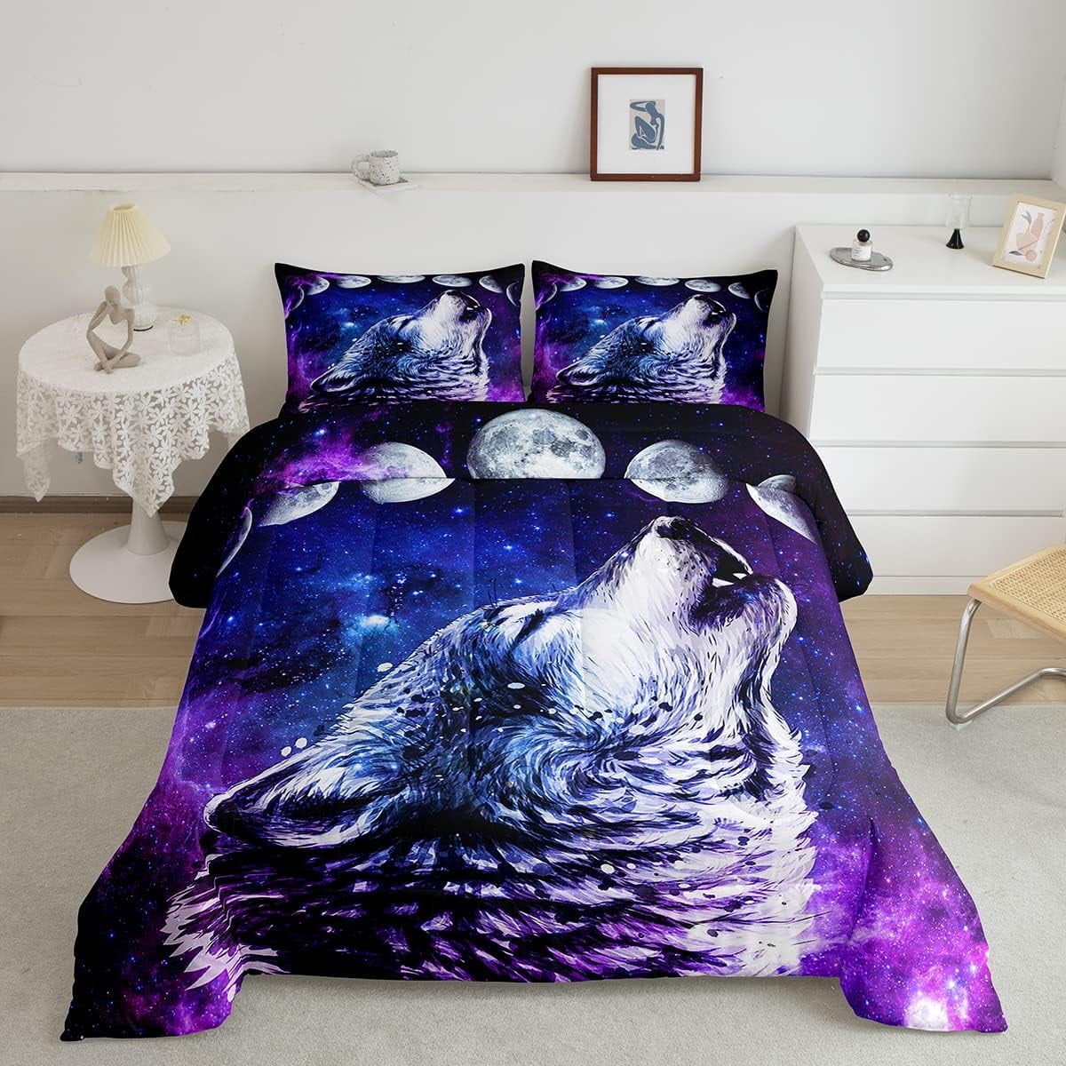 Howling Wolf Down Comforter Blue Purple Starry Sky Bedding Set Full