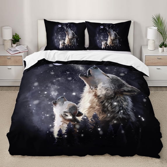 Howling Wolf Duvet Cover Set, Night Forest Snow Wolf Bedding Set,Wild Animals Wolves Comforter Cove Set 3 Pieces, 1 Quilt Cover and 2 Pillowcases