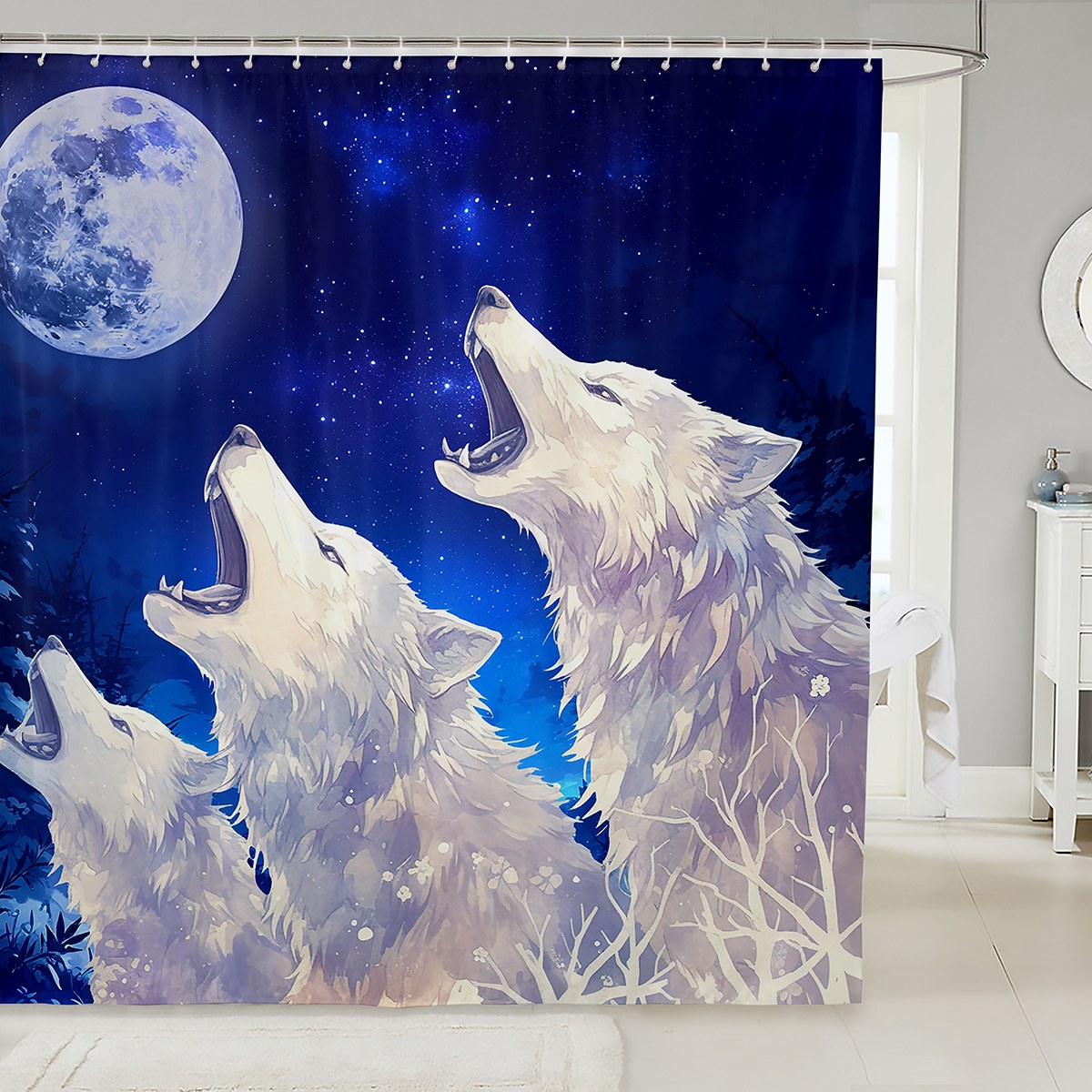 Howling Wolf Fabric Shower Curtain Teens, Galaxy Moon Bathroom Shower ...
