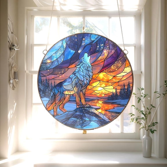 Howling Wolf Faux Stained Glass Stained Glass Suncatcher – Sunset Forest Window Hanging – Wilderness Gift For Him Or Dad
