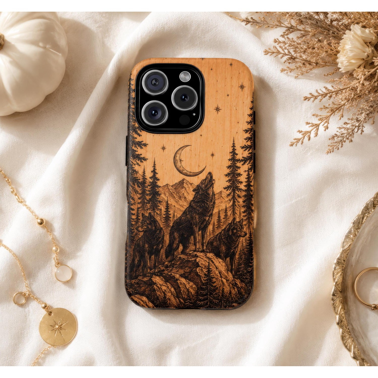 Howling Wolf Faux Wood Mountain Moon Forest Tough Phone Case, Dual ...