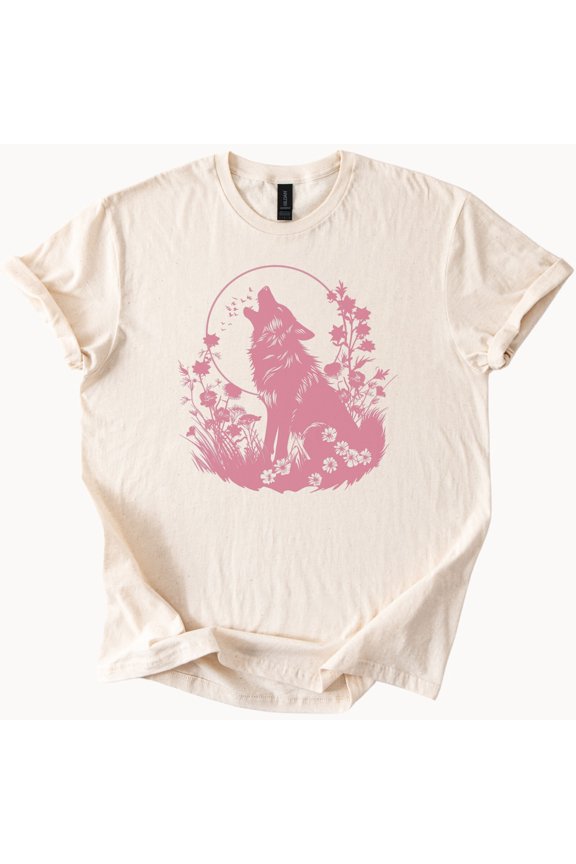 Howling Wolf Floral Pink Moon Boho T-Shirt