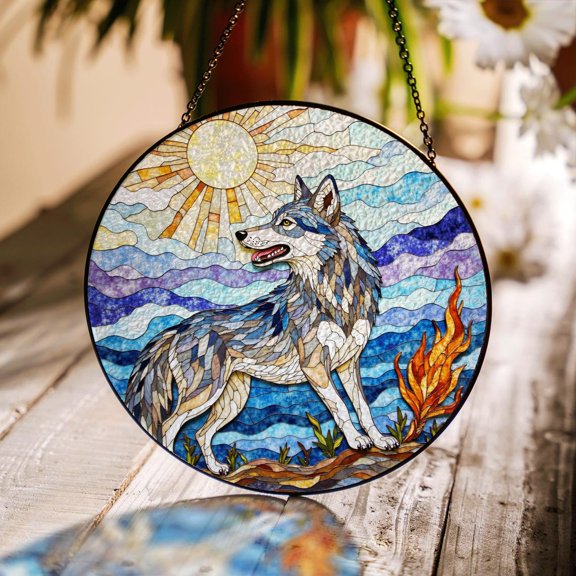 Howling Wolf Forest Scene Glass Suncatcher, Nature Lovers, 7.9 in