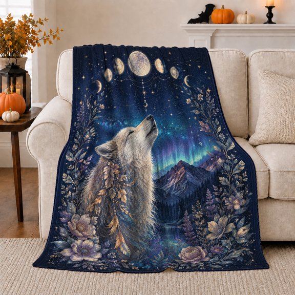 Howling Wolf Framed By Florals And decorative theme, Soft Flannel Blanket with Botanical Celestial Fantasy Print, Housewarming Gift and Home Decor for Bedroom and Living Room