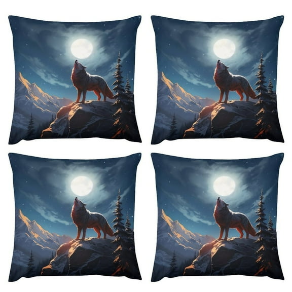 Howling Wolf Full Moon Pillow Covers 18 "x18 " Set of 4 pcs，Modern Sofa Throw Pillow Cover, Decorative Home Outdoor Linen Fabric Geometric Pillow Case