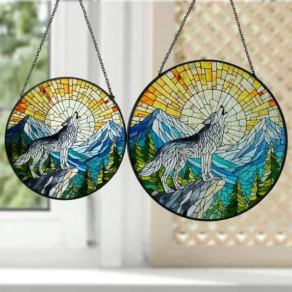 Howling Wolf GLASS Suncatcher Hanging,Wolf on cliff Window hanging, Wolf lovers, Mountain Range, Sunrise suncatcher, Animal Décor, Wildlide Wall Art