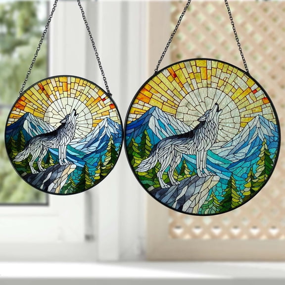 Howling Wolf GLASS Suncatcher Hanging,Wolf on cliff Window hanging, Wolf lovers, Mountain Range, Sunrise suncatcher, Animal Décor, Wildlide Wall Art