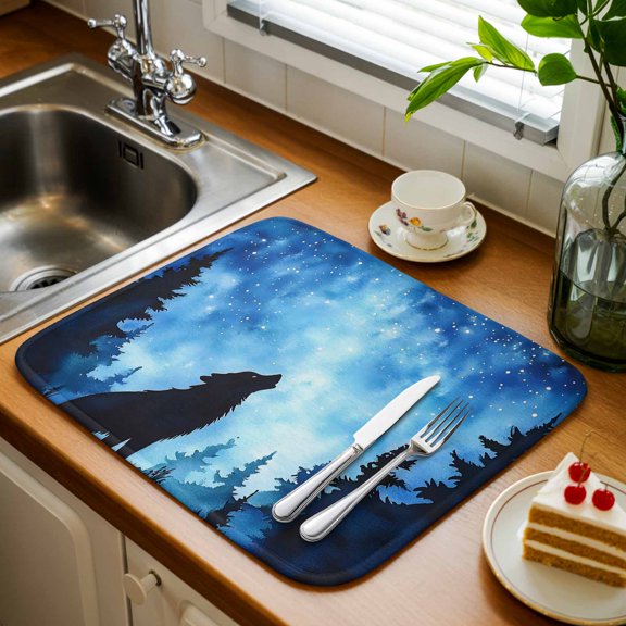 Howling Wolf Kitchen Drying Mat 1 Pack, Silhouette Night Blue Starry Sky Black Forest Absorbent Dish Drying Mat Drying Pad Drainer for Kitchen Counter Sink 18 X 24 Inch, Machine Washable