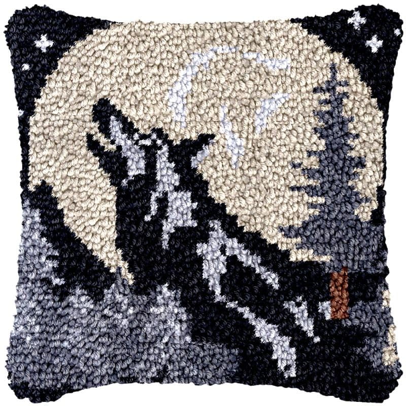 Howling Wolf Latch Hook Pillow Cover Kits for DIY Handmade Throw Pillow Cross Stitch Latch Hook Pillowcase Rug Kits with Preprinted Color Pattern Canvas Crochet Yarn Kits 17''X 17''(ys37)