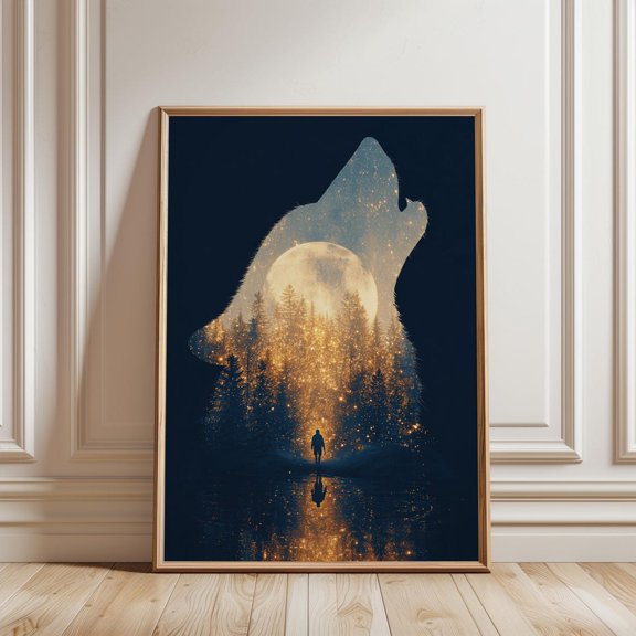 Howling Wolf Moon Forest Silhouette Double Exposure Mystical Night Sky Wall Art Print, Unframed Paper Print