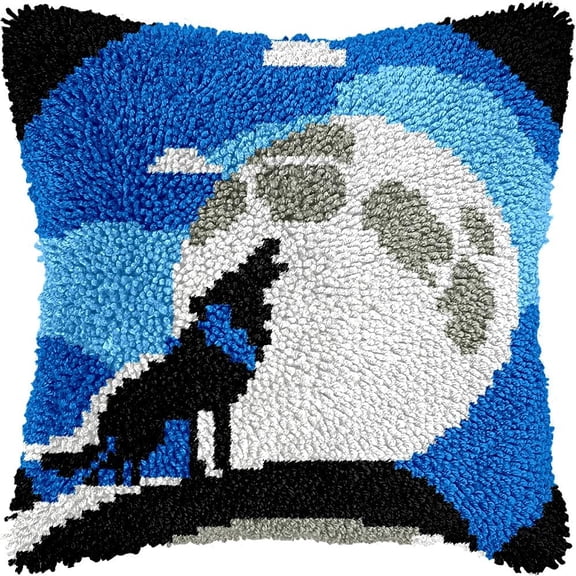 Howling Wolf with Moon Latch Hook Kits Pillow kits Cushion Throw Pillow Embroidery Craft Kits For Beginner DIY Kits of Handmade Pillowcase with Printed Canvas Home Decor 43x43cm (g98)