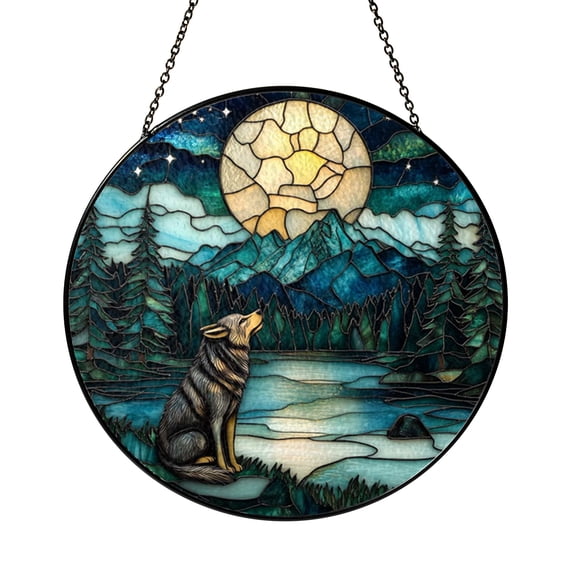 Howling Wolf Moon Stained Glass Style Window Hanging Suncatcher, Decorative Forest Wolf Glass Style Art Panel with Moonlight Scene for Nature Window Decor Ornament Gift