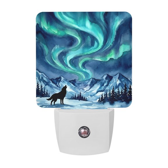 Howling Wolf Night Lights Plug Into Wall, LED Dusk to Dawn Sensor Night Light, Boho Sky Boho Navy Turquoise Snowy Rustic Nightlight for Bedroom Bathroom Living Room Hallway Home Wall Decor