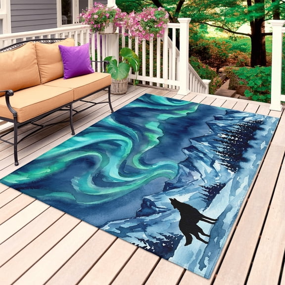 Howling Wolf Outdoor Rug for Patio/Deck/Porch, Non-Slip Large Area Rug 3 x 5 Ft, Boho Sky Boho Navy Turquoise Snowy Rustic Indoor Outdoor Rugs Washable Area Rugs, Reversible Camping Rug Carpet Runner