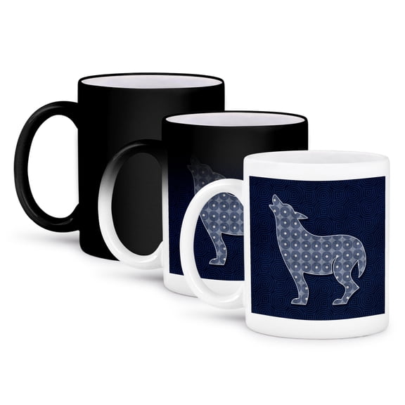 3dRose, Howling Wolf Patterned in Navy Blue and White with Geometric Prints, 11oz Magic Transforming Mug