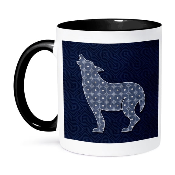 3dRose, Howling Wolf Patterned in Navy Blue and White with Geometric Prints, 11oz Two-Tone Black Mug