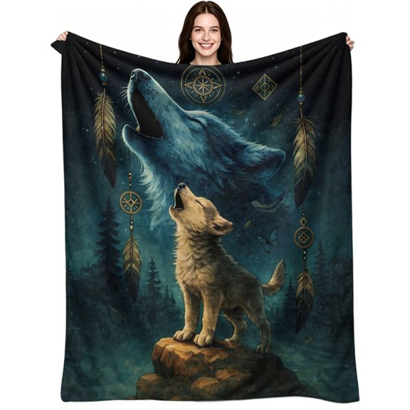 Howling Wolf & Pup Flannel Blanket Warm Cozy Soft Native Inspired Throw for Couch Bed Sofa Bedroom Living Room Camping Relaxing Peaceful Nature Lovers Gift