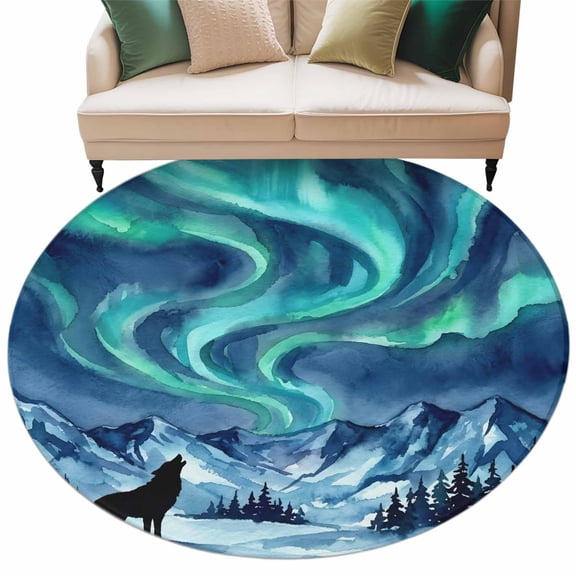 Howling Wolf Round Rug 7ft Washable Circle Rugs Non Slip Boho Sky Boho Navy Turquoise Snowy Rustic Large Area Rug Indoor Floor Carpet for Bedroom Kitchen Living Room Home Office Dining Room Nursery