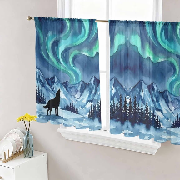 Howling Wolf Sheer Curtains 45 Inch Length 2 Panels Set, Boho Sky Boho Navy Turquoise Snowy Rustic Voile Window Treatment Rod Pocket Small Kitchen Curtains Drapes for Bedroom 52"x45"x2