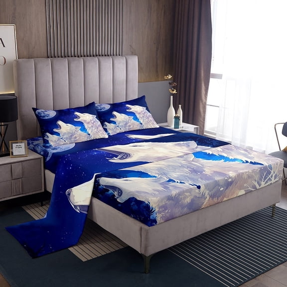 Howling Wolf Sheet Set Teens, Galaxy Moon Twin Bed Sheets Set for Teen White Wolves Pattern Decor Sheets (1 Fitted Sheet + 1 Top Sheet + 1 Pillowcase), Blue Moonlight Wolf