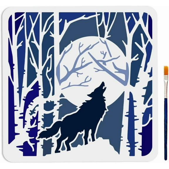 Howling Wolf Stencil Forest Full Moon Wolf Stencil 11.811.8inch with Paint Brush Reusable Wildlife Animal Stencils DIY Crafts Wall Wood Canvas Home Decor