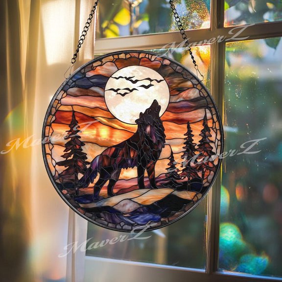 Howling Wolf Suncatcher: Full Moon Forest Glass Window Decor