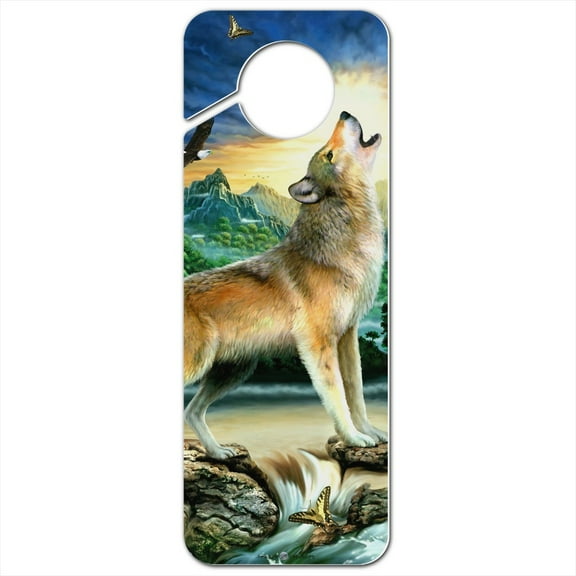 Howling Wolf Sunset Forest Butterflies Plastic Door Knob Hanger Sign