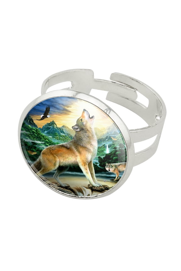 Howling Wolf Sunset Forest Butterflies Silver Plated Adjustable Novelty Ring