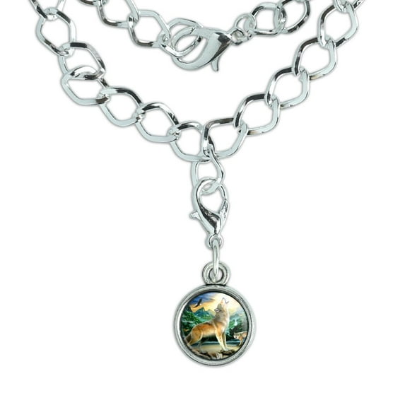 Howling Wolf Sunset Forest Butterflies Silver Plated Bracelet with Antiqued Charm