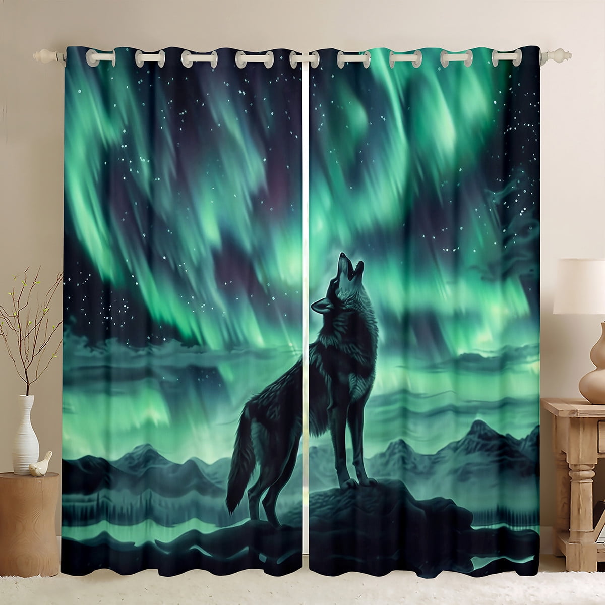 Window Howling Howling Wolf Window Curtains Drapes,Northern Lights Aurora Curtains ...
