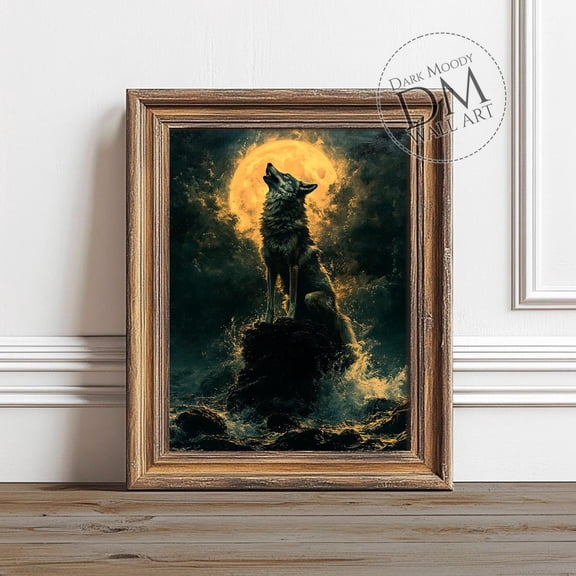 Howling Wolf With Full Moon Wall Art Print, Dark Moody, Dramatic Ocean Animal, Coastal Living Room And Gallery Wall Decor